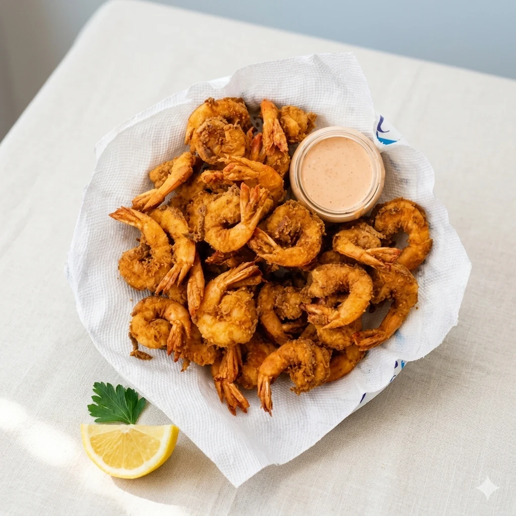 Fried shrimp basket with dipping sauce