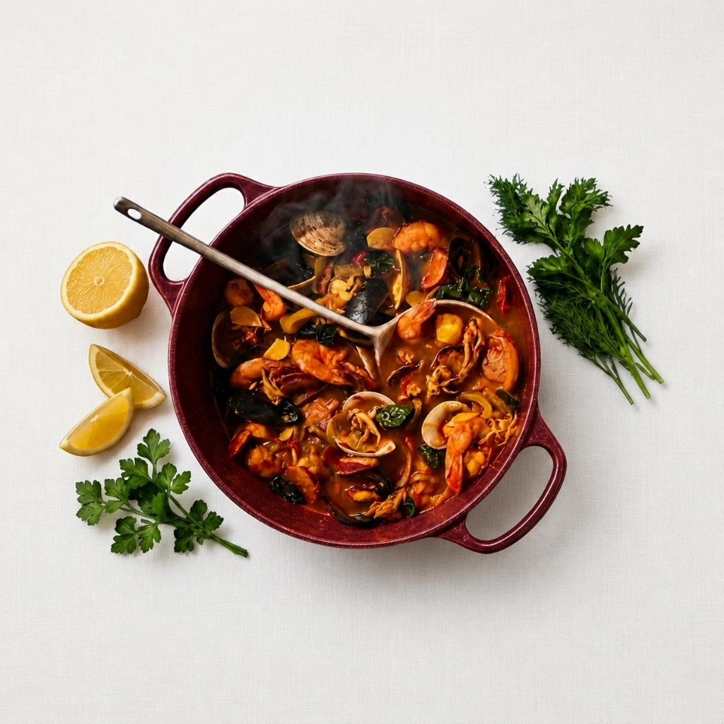 Mediterranean seafood stew in red pot