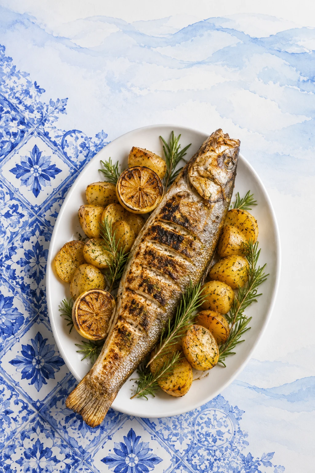 Whole grilled branzino platter at Darna Mediterranean Seafood